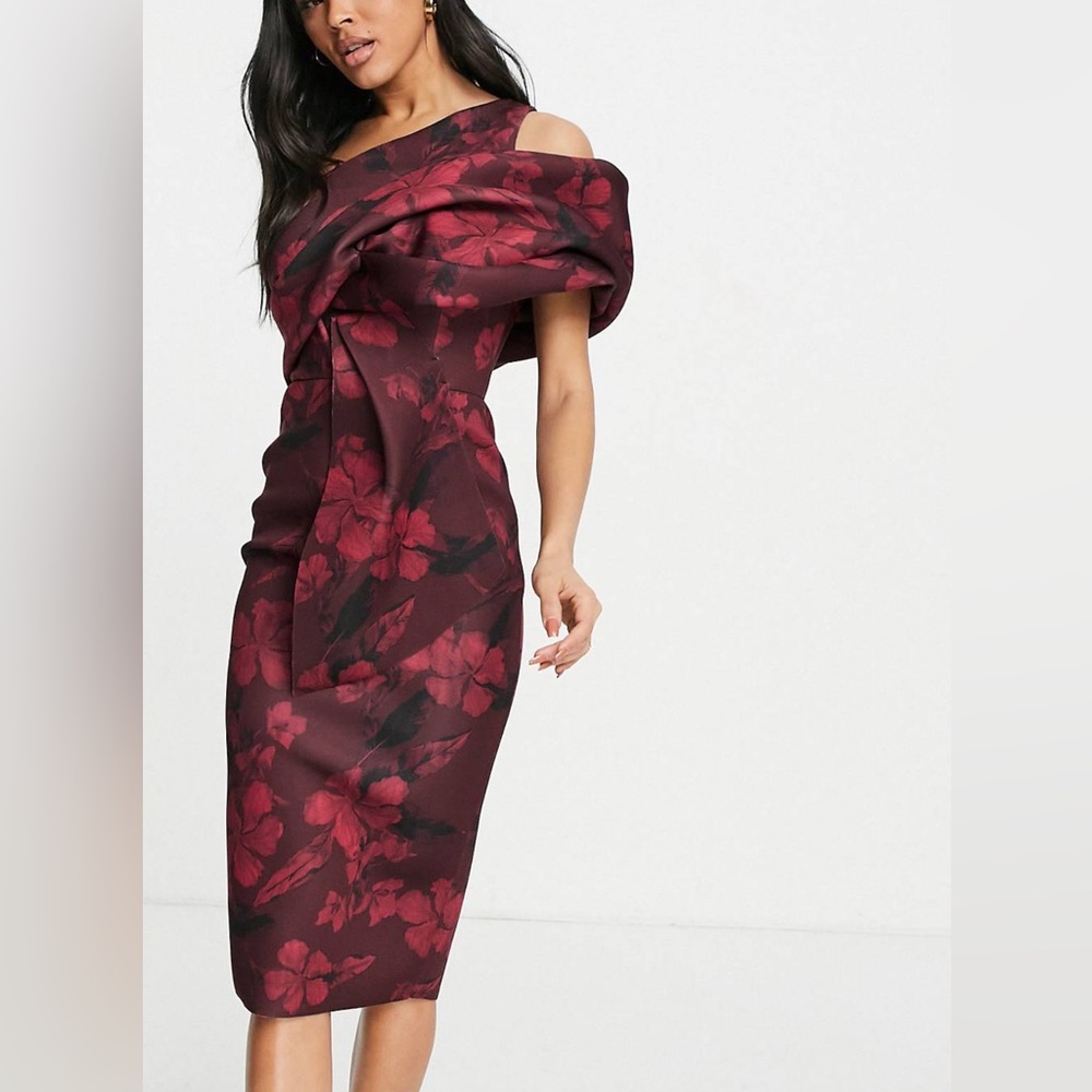 Asos design peekaboo shoulder tuck midi pencil dress in print red floral